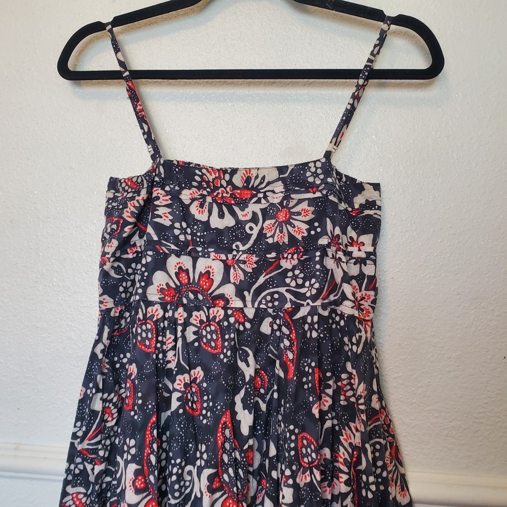 JS New York Floral Midi Dress Navy Red White Smocked Back Adjustable Straps - Picture 2 of 8